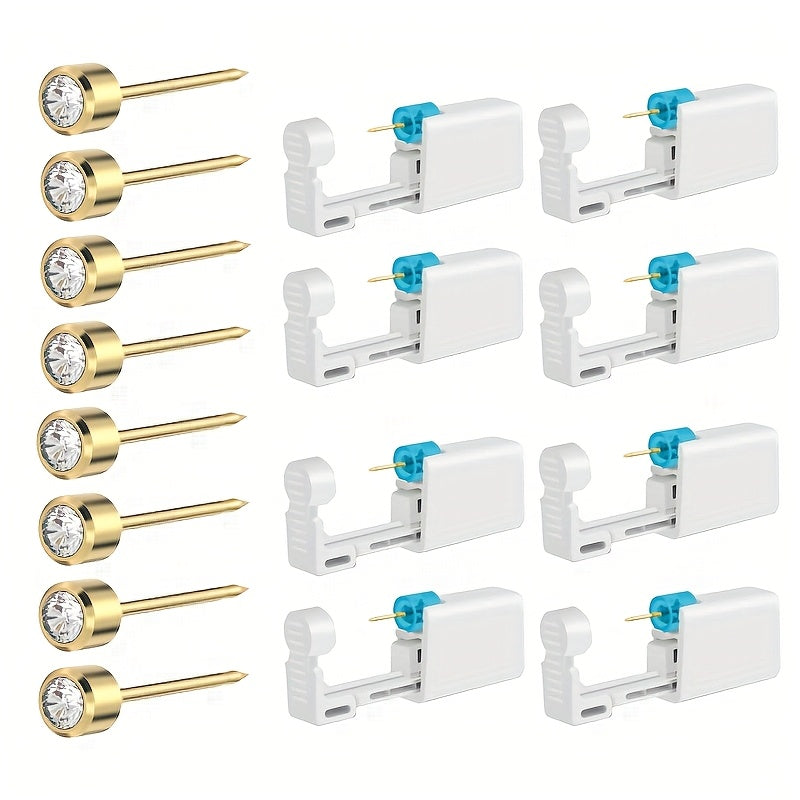 Disposable Ear Piercing Gun Set 8pcs - Stainless Steel Ear Stud Piercing Tool Kit, Safe Portable Self-Piercing Device with Hypoallergenic Earrings for Home Use, Silver & Gold