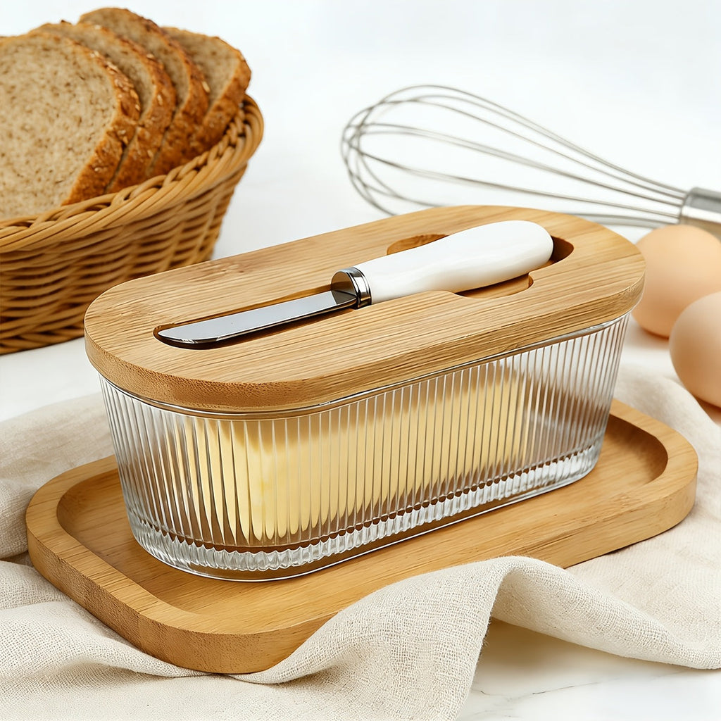 Glass Butter Dish with Airtight Sealed Lid | Butter Keeper for Countertop Refrigerator Fridge Door Storage Hygienic Covered Butter Tray Stripe Pattern Fresh Butter Container