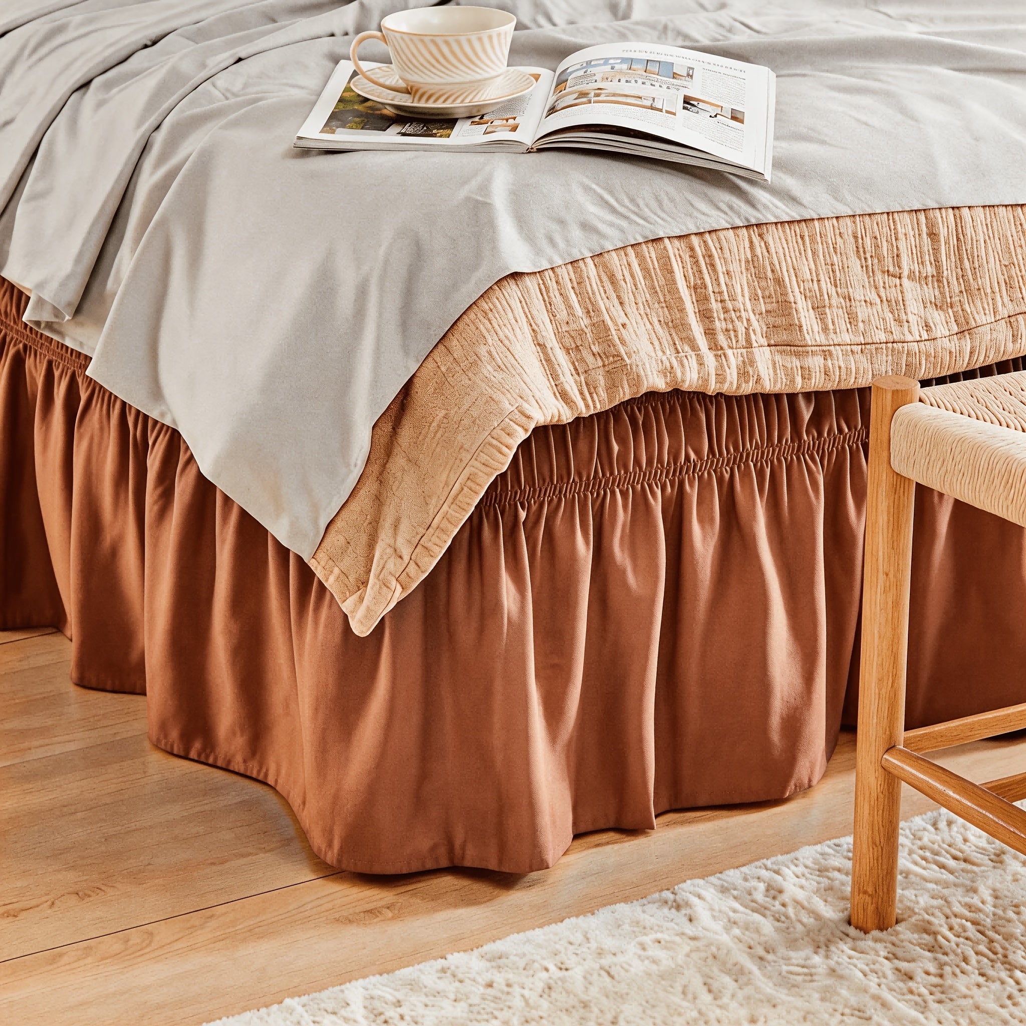 Bed Skirt with Adjustable Elastic Belt - Ruffle Microfiber Dust Ruffle 15 Inch Drop, Hotel Quality, Fade Resistant, Machine Washable, Easy Wrap Fit