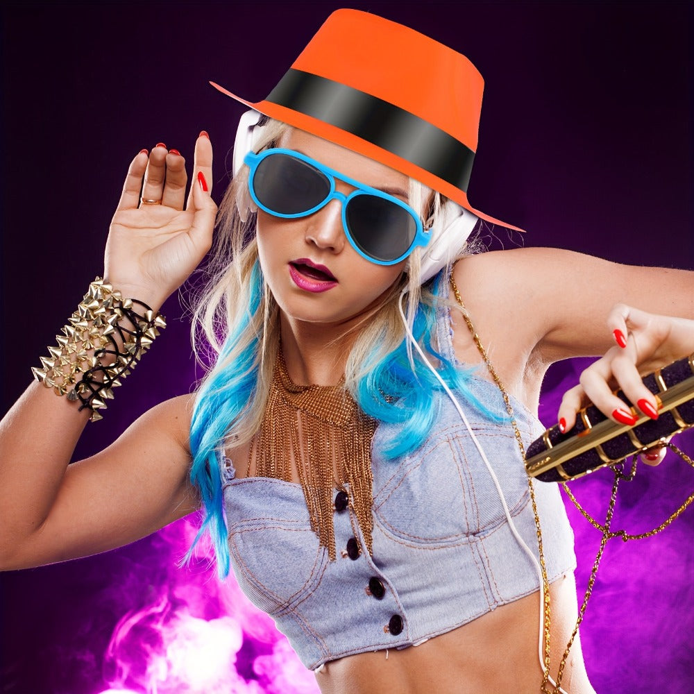 Neon Party Supplies 48 Pieces Set with 24 Glow in the Dark Hats and 24 Neon Sunglasses, Blacklight Party Accessories for Birthday Rave Music Festival Gangster Themed Events