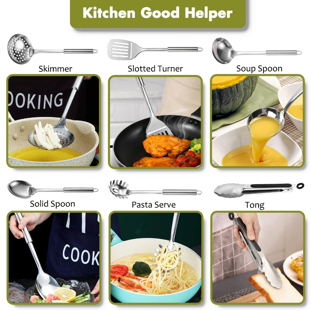 Stainless Steel Kitchen Utensils Set 12 Piece with Holder ¨C Heat Resistant Cooking Utensils, Spatula, Ladle, Tongs, Whisk, Skimmer, Potato Masher, Slotted Spoon