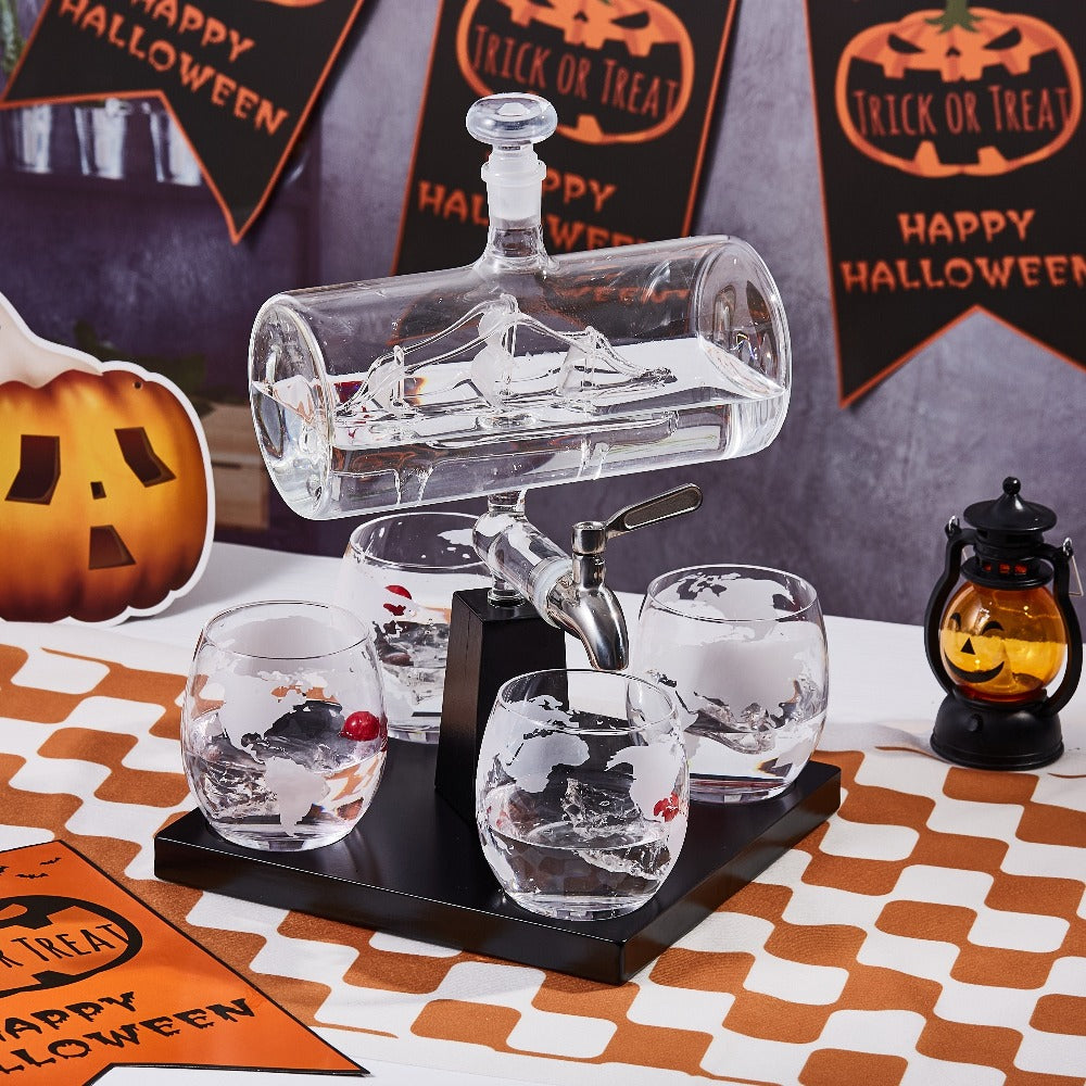 Wine Decanter Set with Glasses 44oz Boat-Shaped Glass Decanter 4 Wine Glasses Wooden Rack Unique Wine Gift Set for Home Bar Birthday