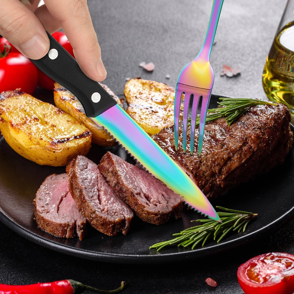 24pcs Stainless Steel Flatware Set for 4 - Rainbow Mirror Polished Silverware Set with Steak Knives, Modern Cutlery Set for Home Kitchen Dining Table Celebrations Wedding