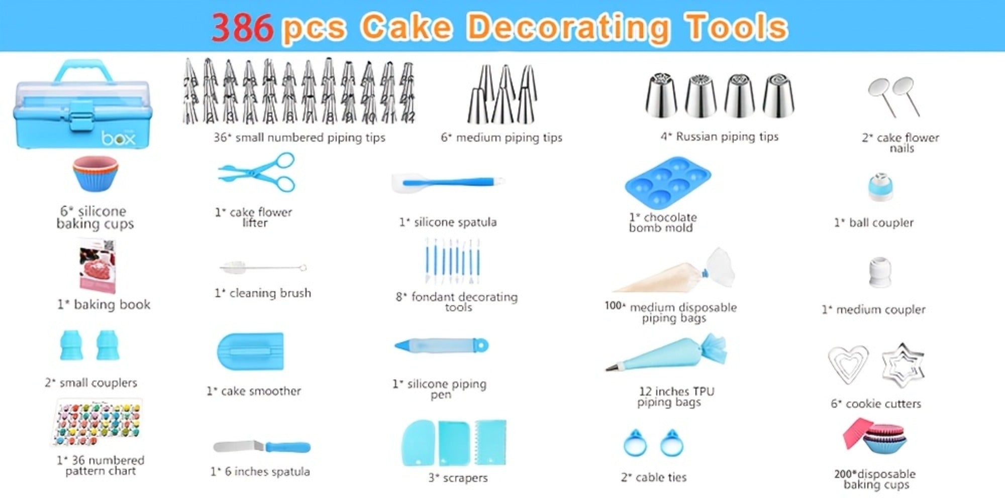386 Pcs Cake Decorating Baking Set with Piping Nozzles & Frosting Tips ¨C Complete Beginner Baking Tool Kit with Floral Nozzles, Pastry Tips & Decorating Tools