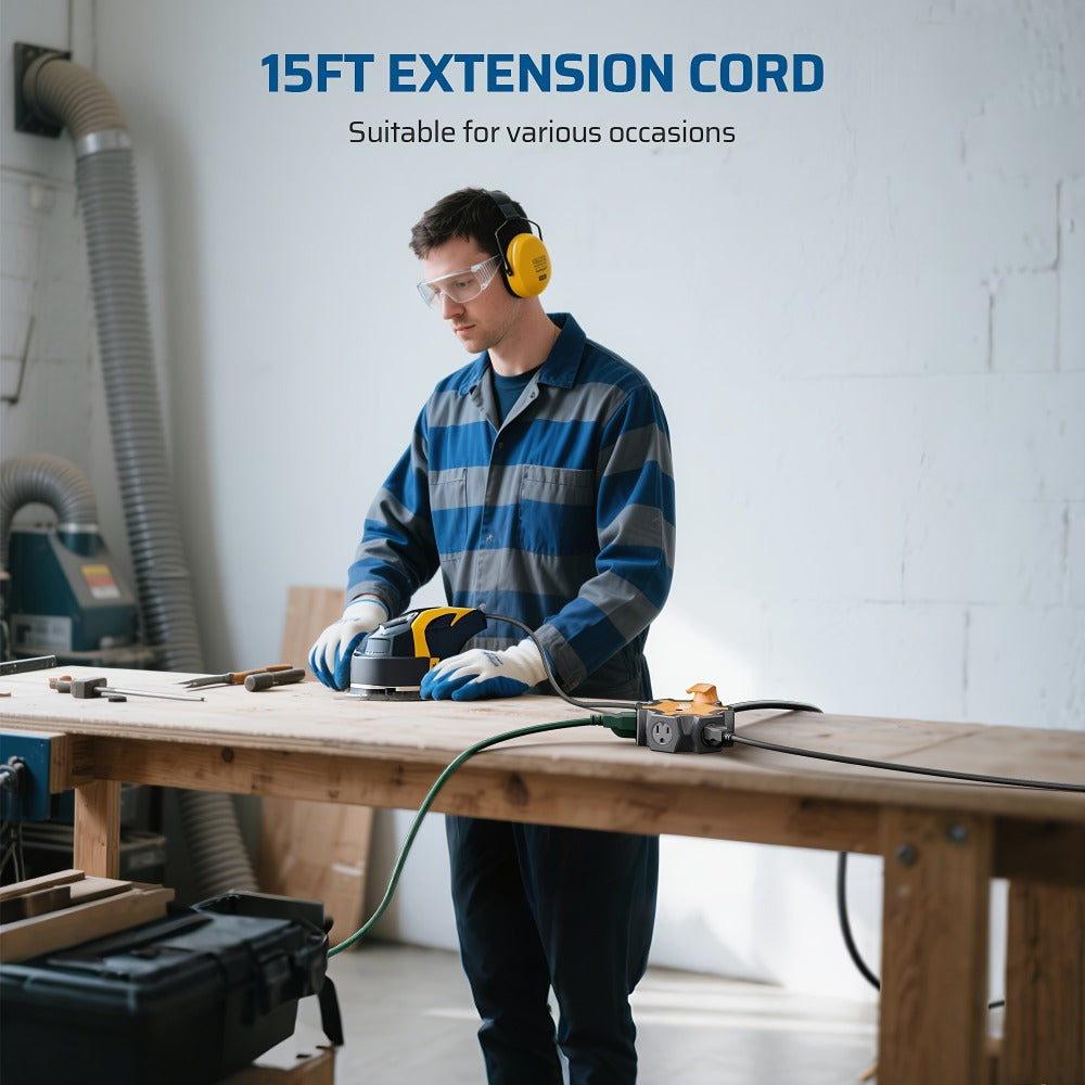 Industrial Power Strip 5-Outlet 15ft Heavy Duty Extension Cord 14/3 AWG SJTW Circuit Breaker Swivel Safety Covers for Garage Workshop Workbench