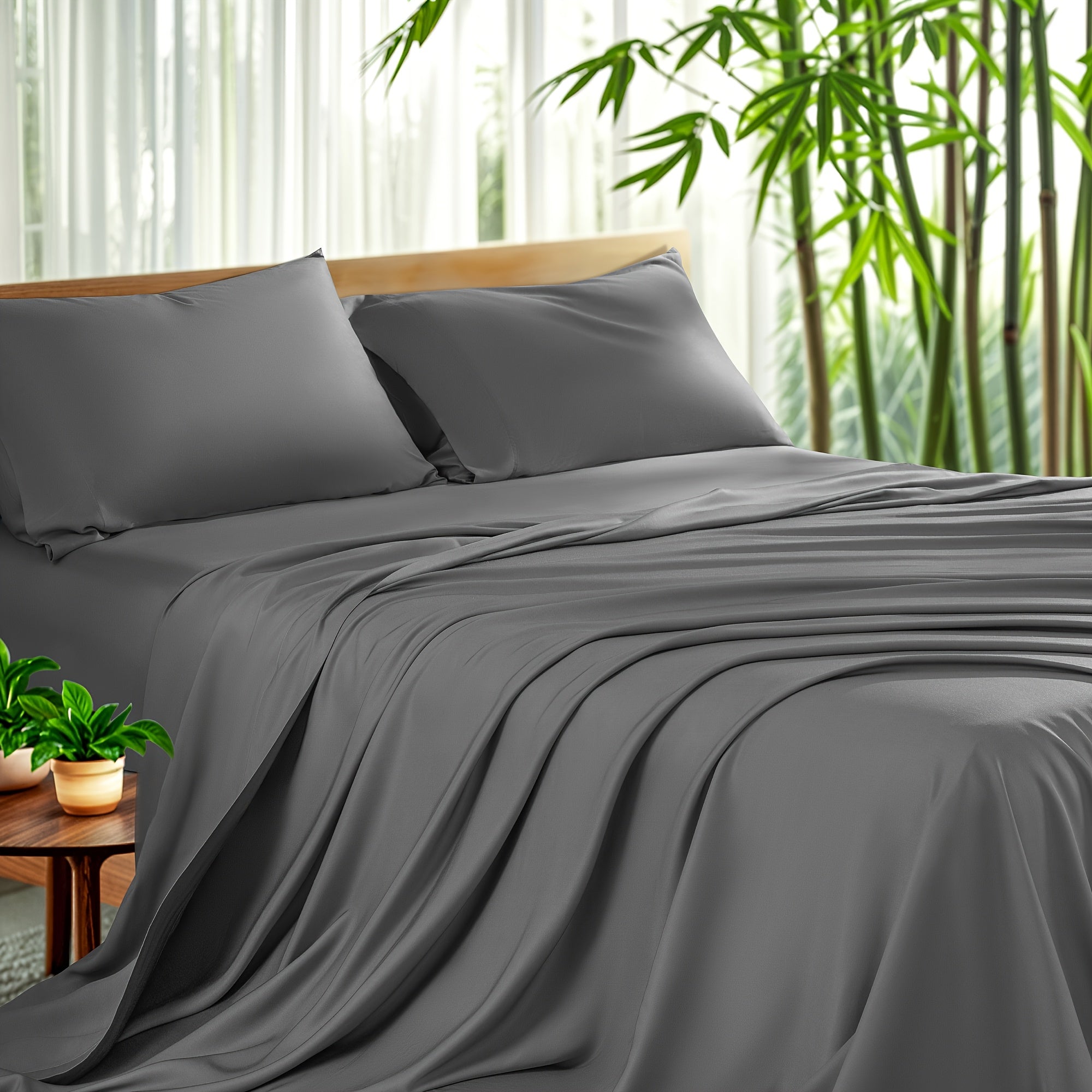 Bamboo Sheet Set 4pcs Cooling Deep Pocket Wrinkle Resistant Bedding All-Season Fitted Flat Sheet 2 Pillowcases Gift Box