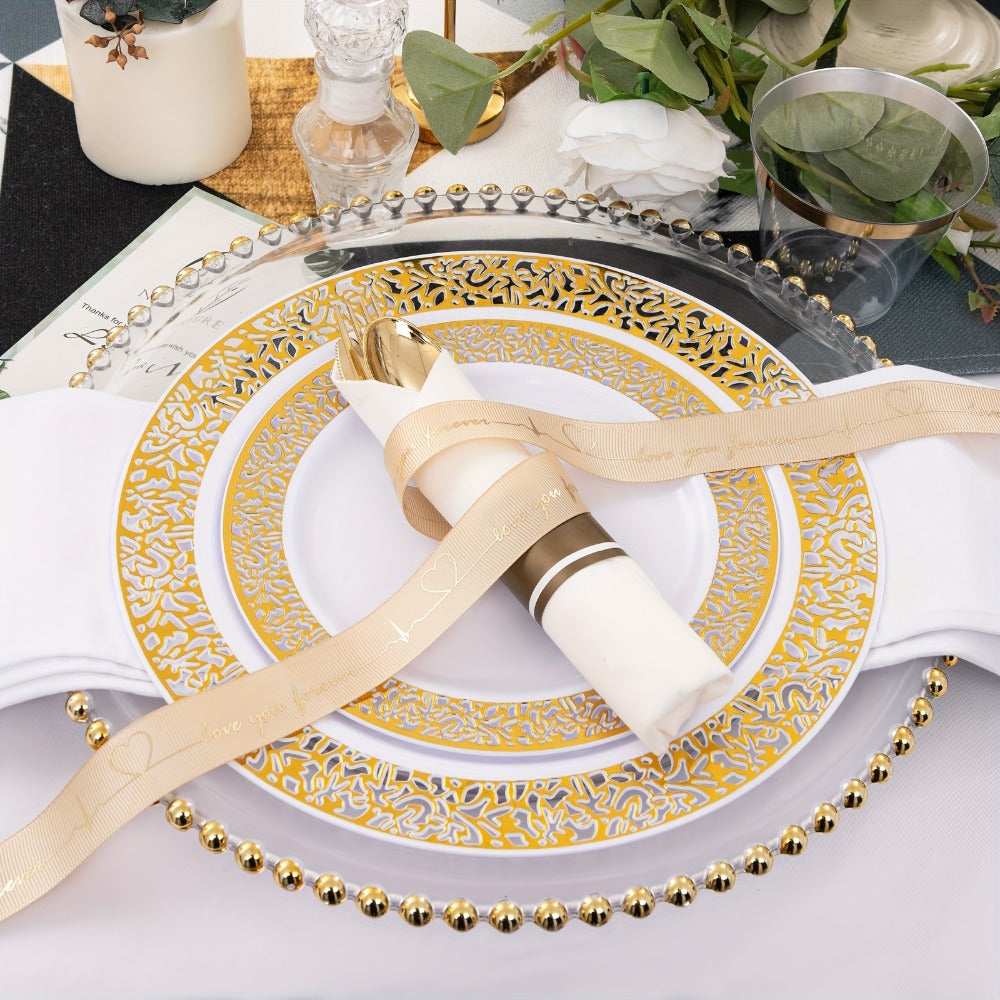 Gold Disposable Dinnerware Set for 50 Guests 350pcs ¨C Includes Dinner Plates, Dessert Plates, 9oz Cups with Gold Rim, Pre-Rolled Napkins & Gold Cutlery | Perfect for Wedding, Party & Holiday Celebration