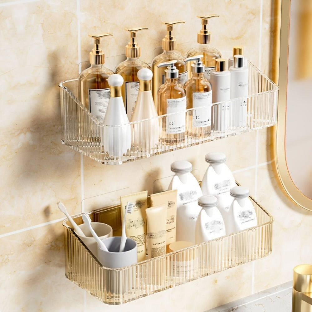 Wall Mounted Bathroom Shelf Storage Rack Organizer - Plastic Hanging Tray Basket Shampoo Shower Gel Holder | Gray Amber Green | Bathroom Storage and Organization Accessories