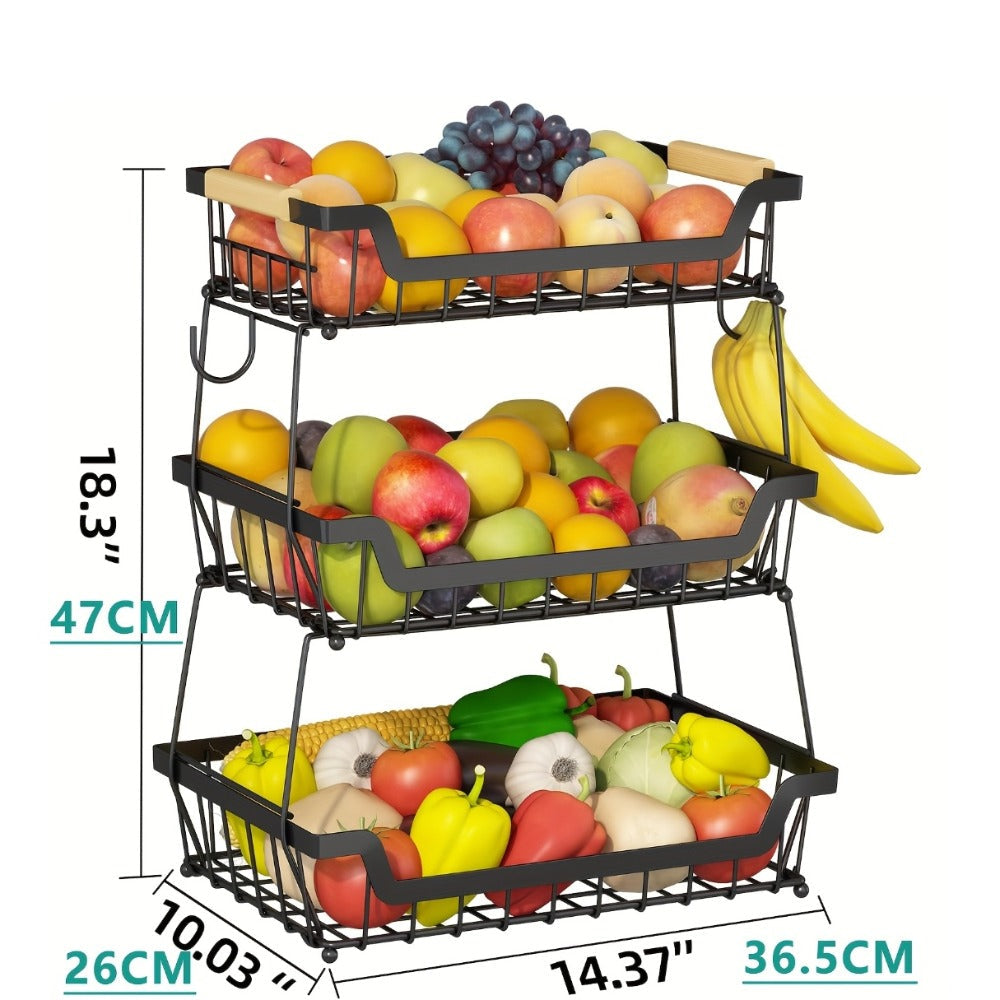 Fruit Basket with Banana Hanger, 2-3 Tier Metal Countertop Organizer with Wooden Handle ¡ª Detachable Kitchen Storage Stand for Fruits, Vegetables & Bread | Large Capacity | Black
