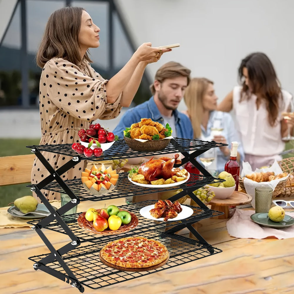 Foldable Cooling Rack Set ¨C Stackable Oven Cookie Cake Drying Rack with Free Baking Tools (Silicone Spatula, Egg Beater, Tongs, Brush) | 3/4/5 Tier Options for Kitchen, Camping & Holiday Baking