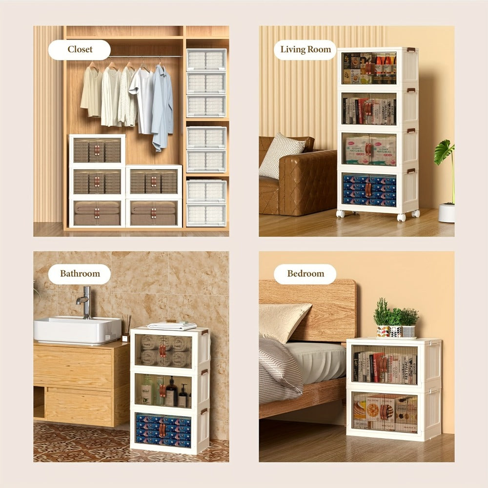 Stackable Storage Bins with Wheels & Drawers | Open Front Foldable Storage Organizer Bins for Home Bedroom Clothes Books Toys Holiday Christmas Gift Storage