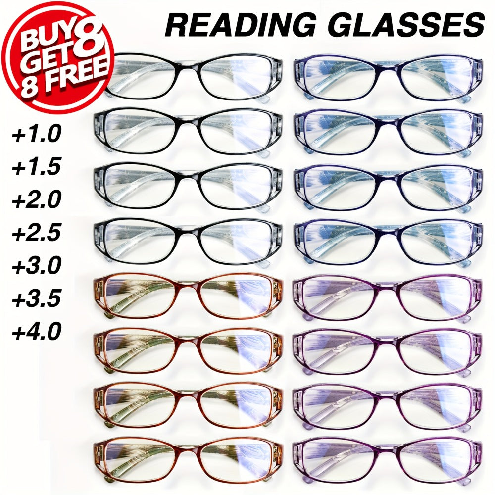 Womens Reading Glasses 16 Pack Elegant Square Full Frame High Definition Lenses 4 Colors Purple Blue Brown Black Comfortable Stylish Readers for Computer Book Reading Long Distance Magnification 1.0 to 4.0