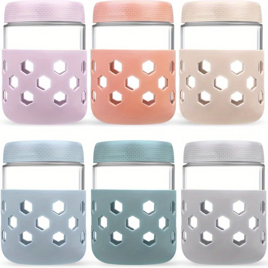 Glass Airtight Jars 6 Pack 16oz - Moisture Proof Food Storage Containers with Screw Top Lids and Silicone Sleeves for Tea Grains Nuts Snacks and Yogurt, Clear Round Glass Canisters for Kitchen Pantry Counter Organization