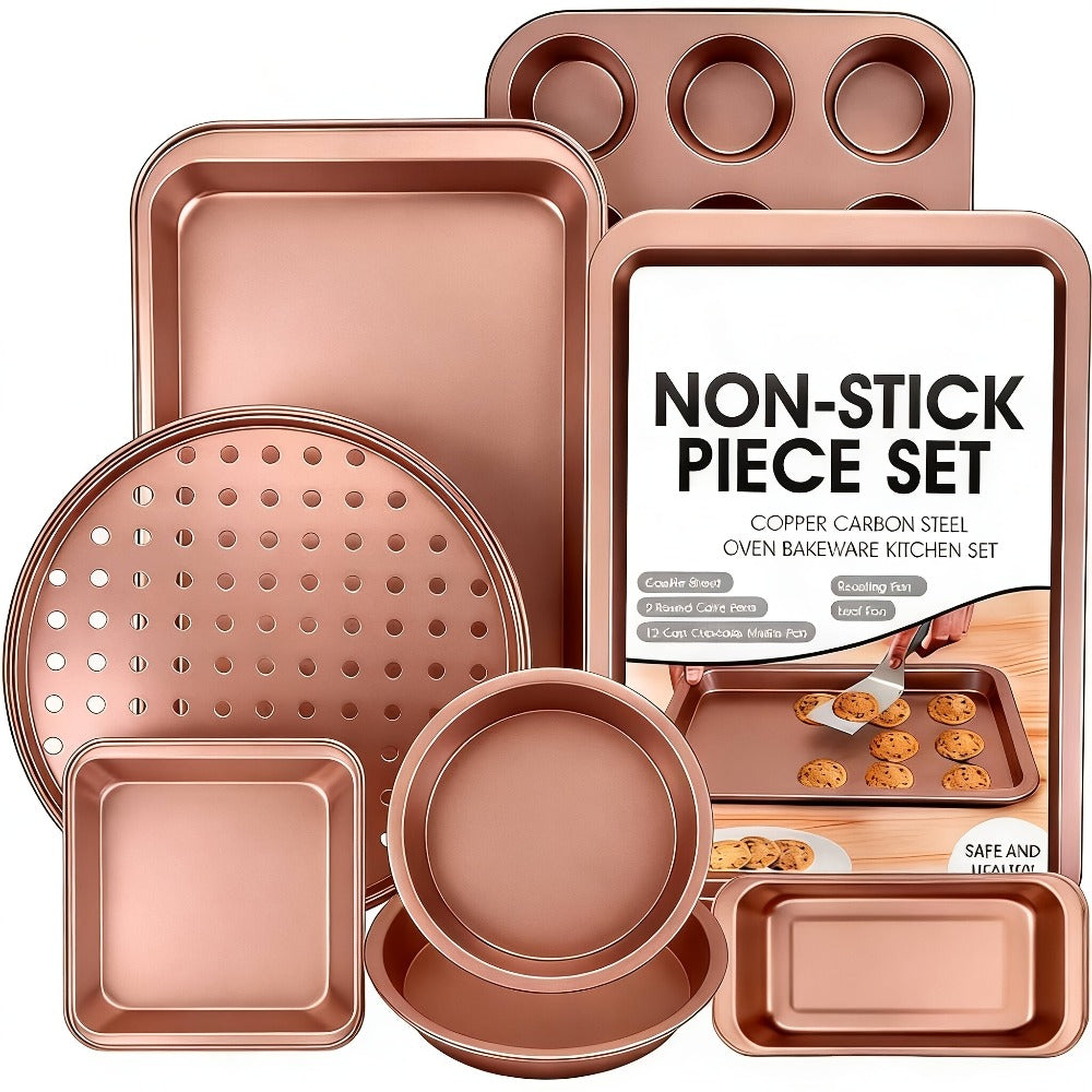 Nonstick Bakeware Pan Set, 8-Piece Carbon Steel Oven Baking Set with Cookie Sheet, 2 Round Cake Pans, Square Pan, Bread Pan, Pizza Pan & 12-Cup Muffin Pan, Complete Kitchen Baking Supplies