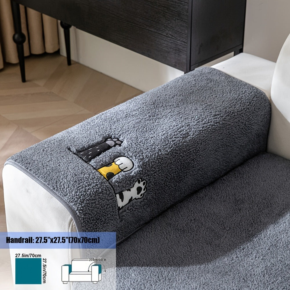 Sherpa Sofa Cover Cat Paw Embroidered Thick Plush Couch Slipcover Non-Slip Seat Cushion Protector Pet-Friendly Machine Washable Furniture Cover for Living Room Home Decor