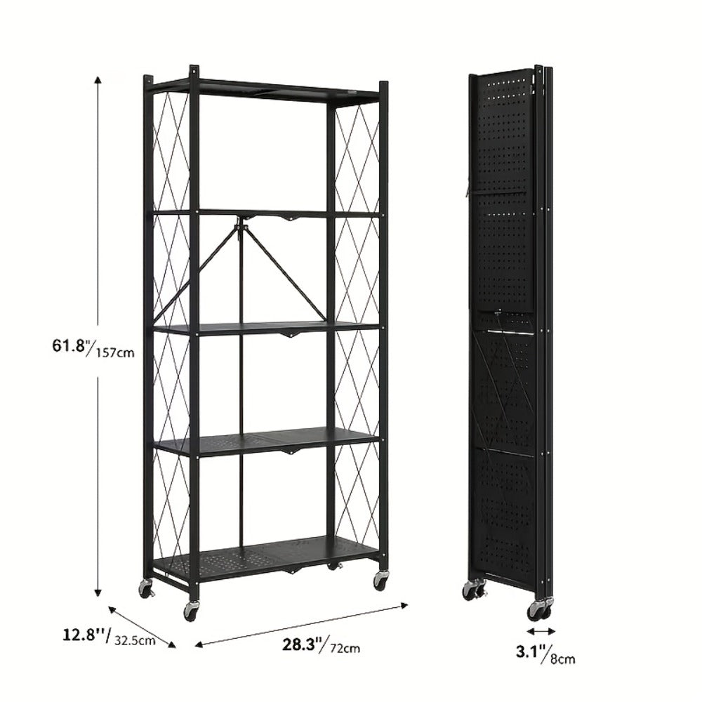Rolling Storage Rack with Wheels 3 4 5 Tier Folding Shelving Unit No Assembly Required, Freestanding Metal Shelf Organizer for Kitchen Living Room Garage Office Basement, Black White