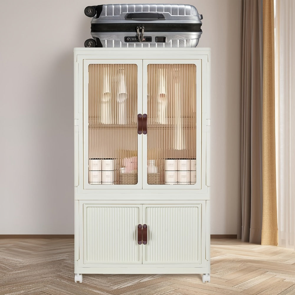 Portable Closet Wardrobe with Wheels & Hanging Rod ¨C Foldable Clothes Cabinet with Doors, 10 Hangers, Stackable Storage Bins, 70 GAL Collapsible Plastic Wardrobe Organizer