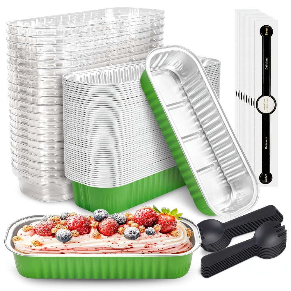 Mini Cake Pans 100 Pack with Lids and Spoons Aluminum Foil Rectangular Disposable Baking Pans 6.8oz for Cheesecake Desserts Gifts Party Catering 6 Colors