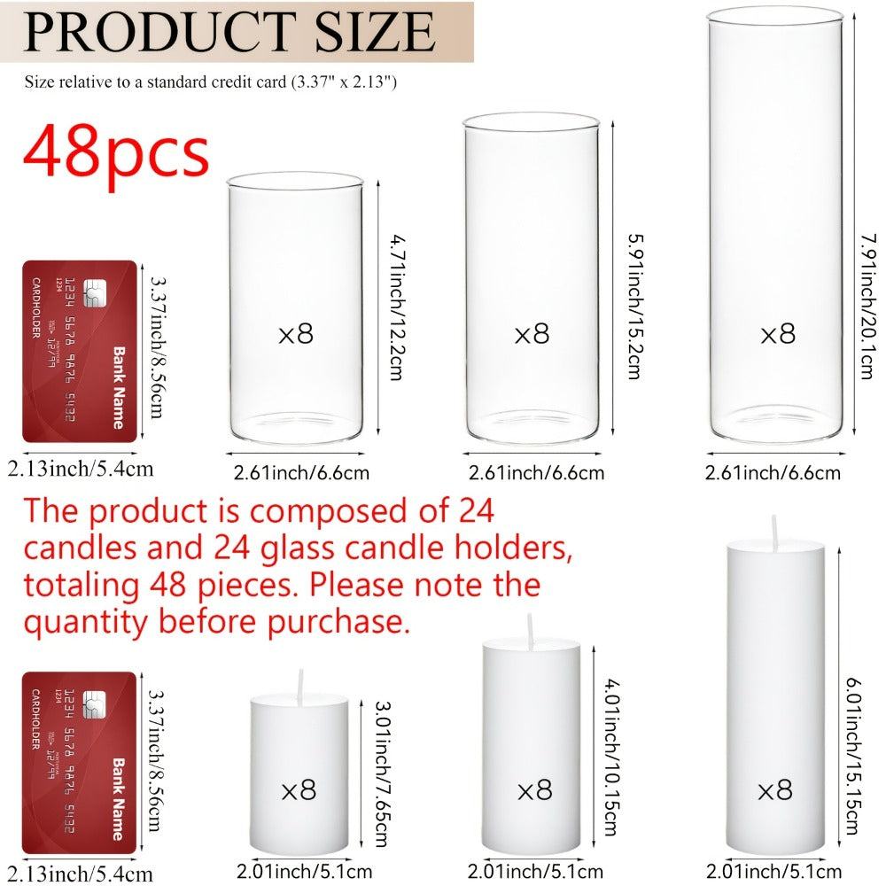 Pillar Candles with Clear Glass Hurricane Holders ¨C Unscented White Cylinder Candles & Vases for Wedding Centerpieces, Party Tables, Home & Office Decor, Bulk Set 24 or 48 Pieces
