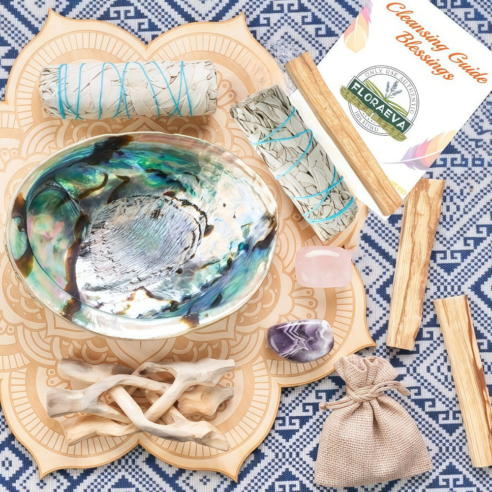 White Sage Cleansing Kit Smudge Set with Abalone Shell Holy Wood Incense Feathers Crystal Stone - Sage Sticks for Protection Positive Energy Home Office Decor Holiday Gift