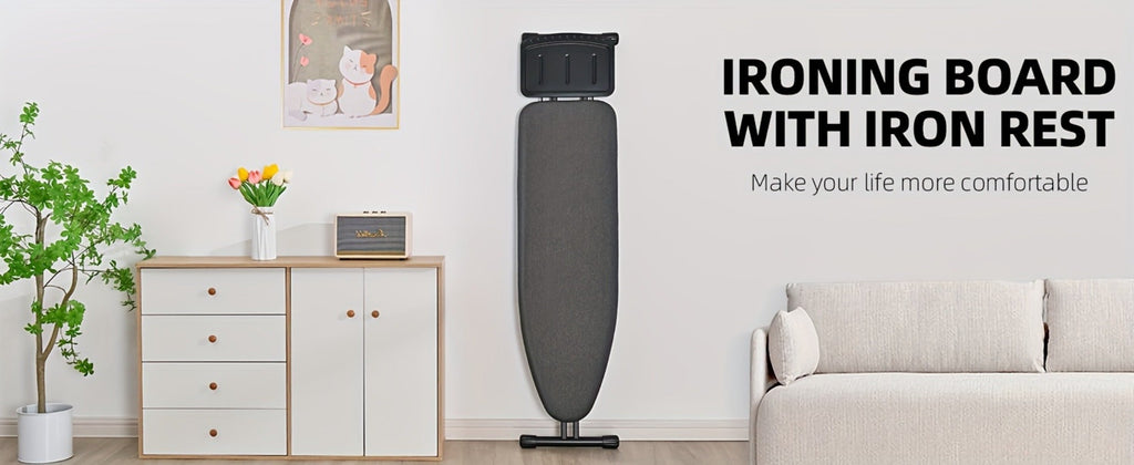 Full Size Ironing Board 43x13 In with Iron Rest, Adjustable Height & Thick Heat-Resistant Padded Cover, Sturdy Anti-Skid Metal Legs, Lightweight Freestanding Iron Board for Home Laundry Room Bedroom