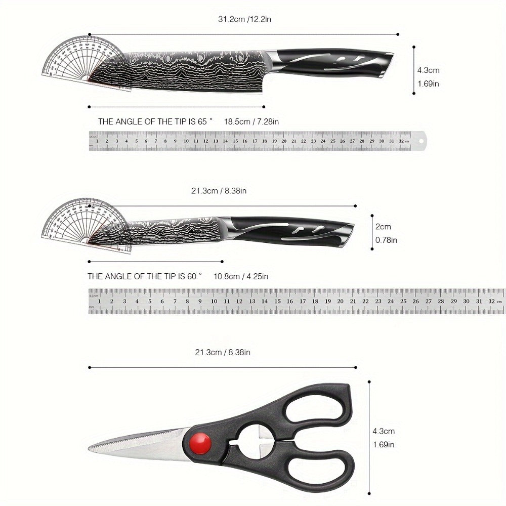 Kitchen Knife Set 7-Piece Damascus Pattern Stainless Steel with Universal Knife Block Holder ¨C Chef Knife, Fruit Knife & Safety Knives Included, Non-Slip Handle