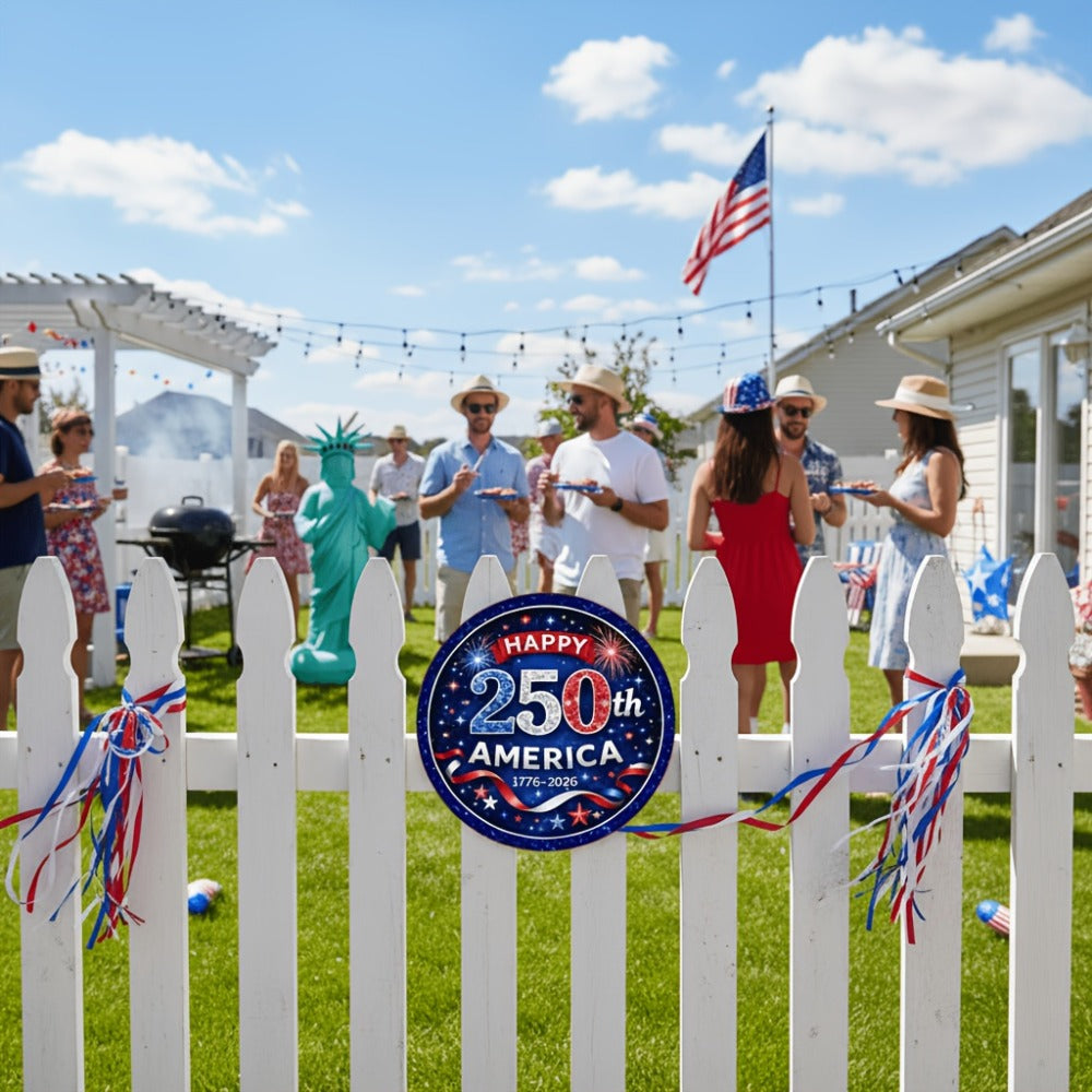Patriotic Wooden Door Sign 250th Anniversary 1776-2026 Retro Round Wreath 4th of July Independence Day Hanging Decoration Home Porch Outdoor Wall Decor