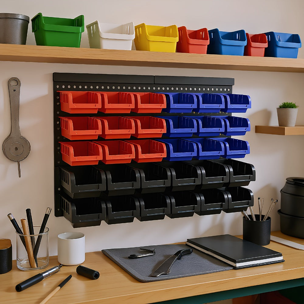 Plastic Parts Storage Bins Wall Mount 30pcs ¨C Heavy Duty Small Hardware Organizer for Screws, Nuts, Bolts & Nails | Multi-Tier Wall Shelf System for Garage, Workshop & Craft Room | Space-Saving Bin Rack