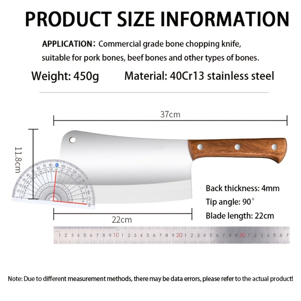Meat Cleaver Heavy Duty Stainless Steel - Sharp Butcher Knife for Cutting Meat & Bones, Multi-Purpose Kitchen Chopper with Wooden Handle