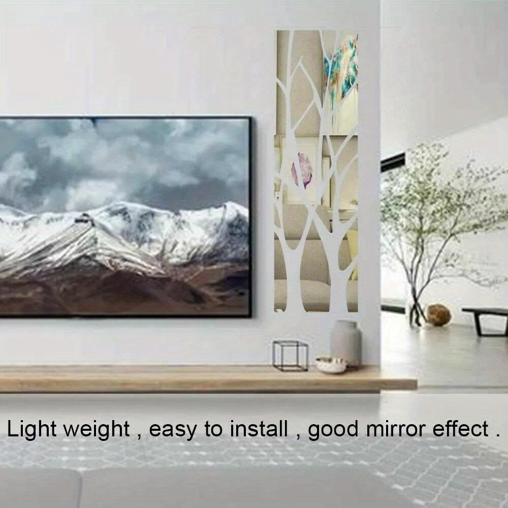 3D Mirror Tree Acrylic Wall Sticker ¨C Removable Reflective Wall Decal for Living Room, Bedroom, TV Wall & Sofa Area | Glossy Silver Mirror Finish Wall Art Decor | 1000x280mm