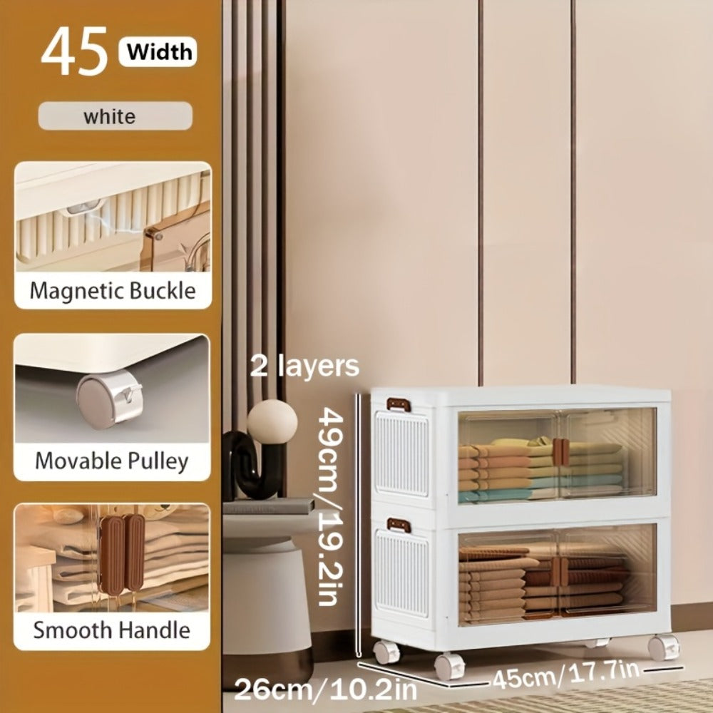 Stackable Storage Cabinet with Doors and Wheels | Collapsible Plastic Locker 1-5 Layers Large Capacity Home Organization for Bedroom Living Room Kitchen Easy Assembly Space Saving