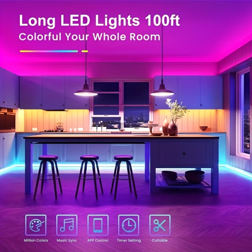 Color Changing LED Strip Lights 100FT with App Control & 44-Key Remote, 24V RGB Music Sync, Adjustable Brightness, Bedroom Kitchen Living Room Home Christmas Party Decoration with 24V Adapter Included