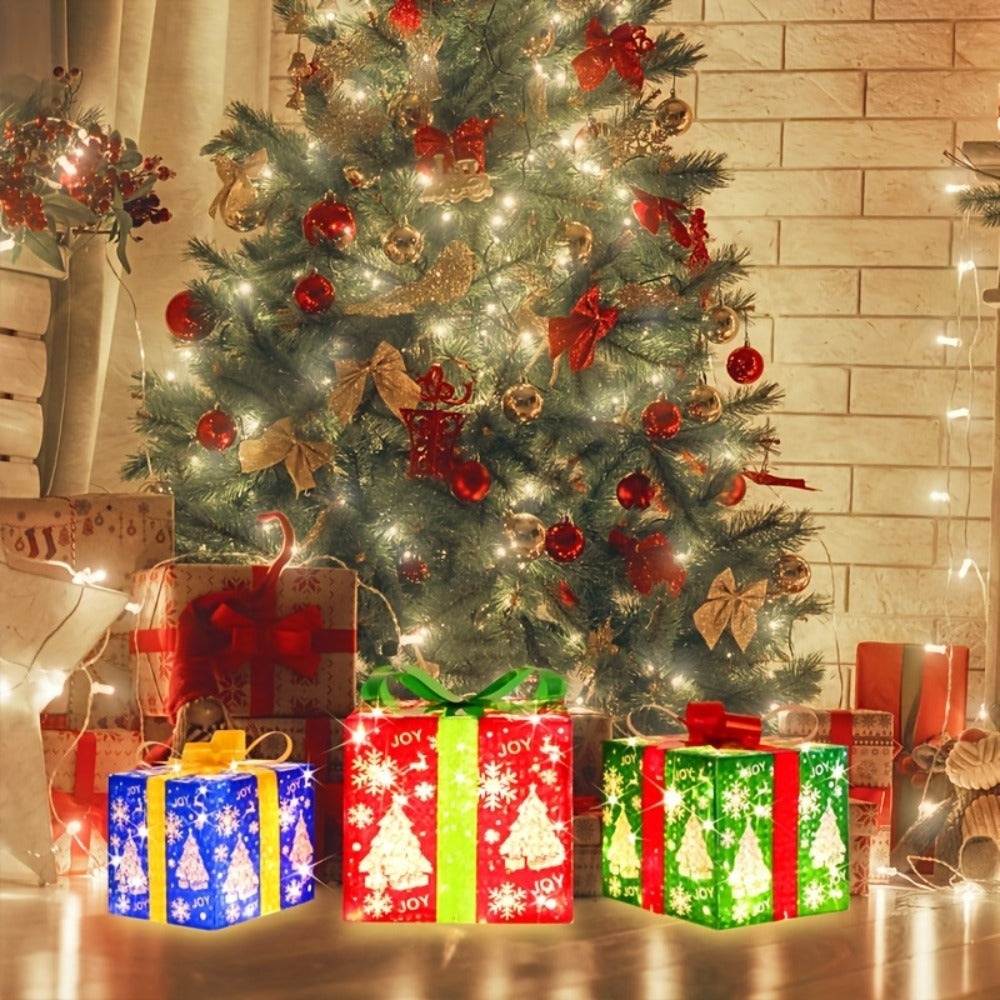 Christmas Gift Box Lamp 3pcs - Transparent Light Box with LED String Lights, Strap & Handle, Holiday Home Decoration, Birthday Party Decor, Manual Assembly