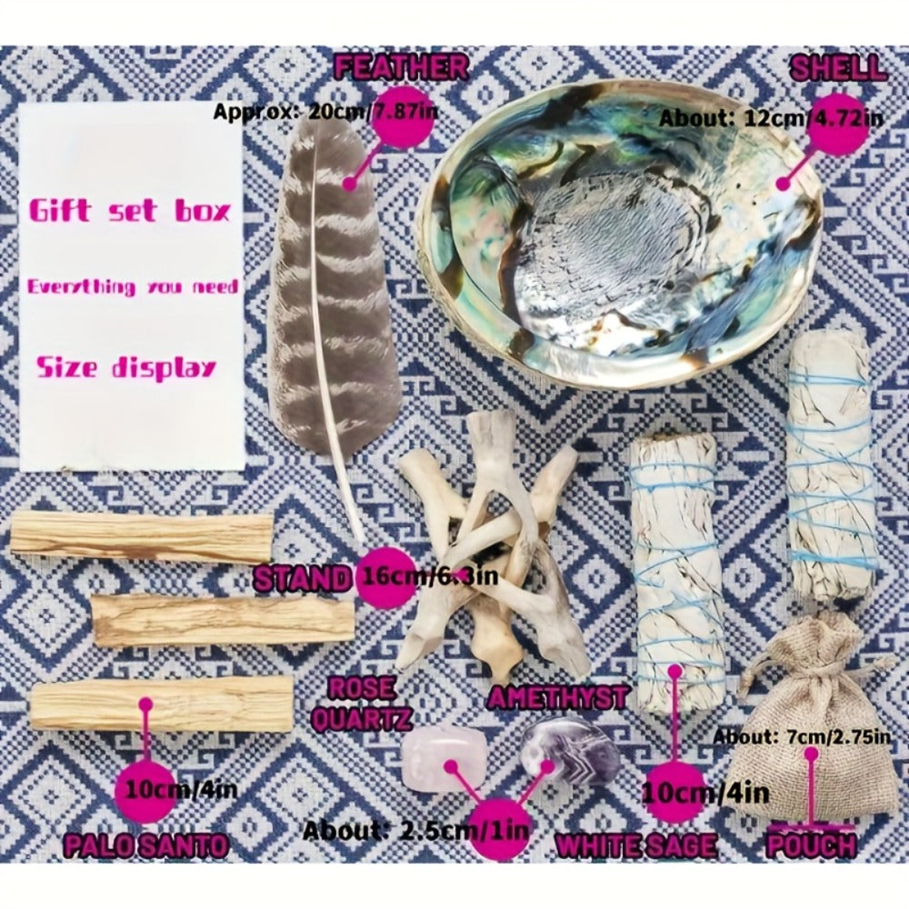 White Sage Smudge Kit 11pcs ¨C 2 White Sage Bundles, 3 Palo Santo Sticks, Abalone Shell with Stand, Crystal Stones ¨C Spiritual Cleansing Gift Set for Home, Meditation & Ritual Decor