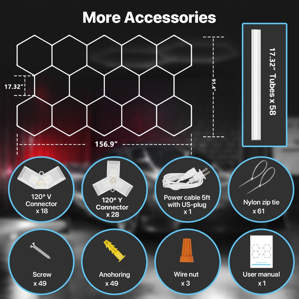 LED Hexagonal Garage Light 6500K ¨C Super Bright Daylight White Shop Light 42W¨C620W for Auto Detailing, Warehouse, Workshop, Basement & Gym (1 to 32 Grids, Hex Frame Available)