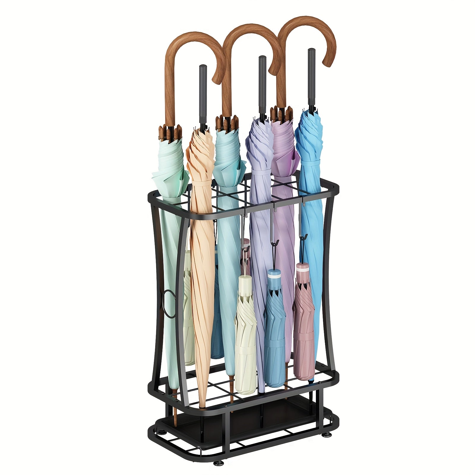 Metal Umbrella Stand with Drip Tray ¨C 4-Tier Freestanding Umbrella Holder, Sleek Polished Finish, Space-Saving Entryway Storage for Home Office & Commercial Use, Black