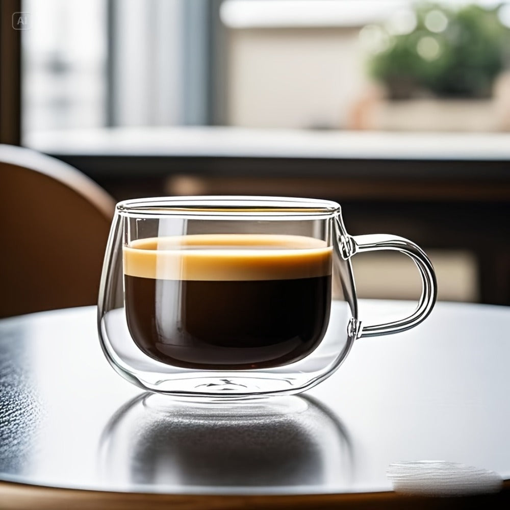 Double Wall Glass Coffee Cups with Handle Insulated Transparent Borosilicate Espresso Cappuccino Latte Tea Cups Set - Clear Heat Resistant Beverage Glasses for Hot & Cold Drinks