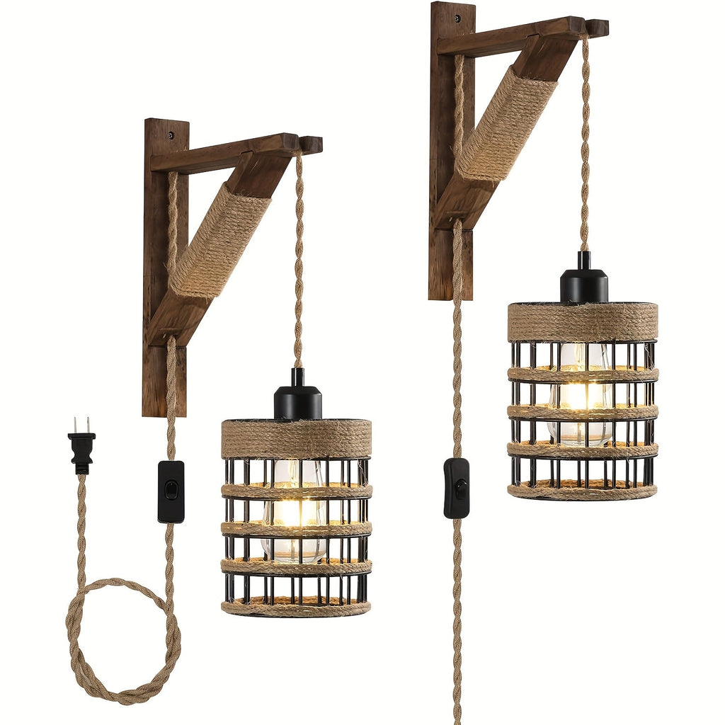 Plug In Wall Sconces Set of 2 or 1 ¨C Rustic Farmhouse Wall Lamp with Metal Cage & Wooden Bracket, Plug-Into-Outlet Hanging Light for Bedroom, Living Room & Headboard