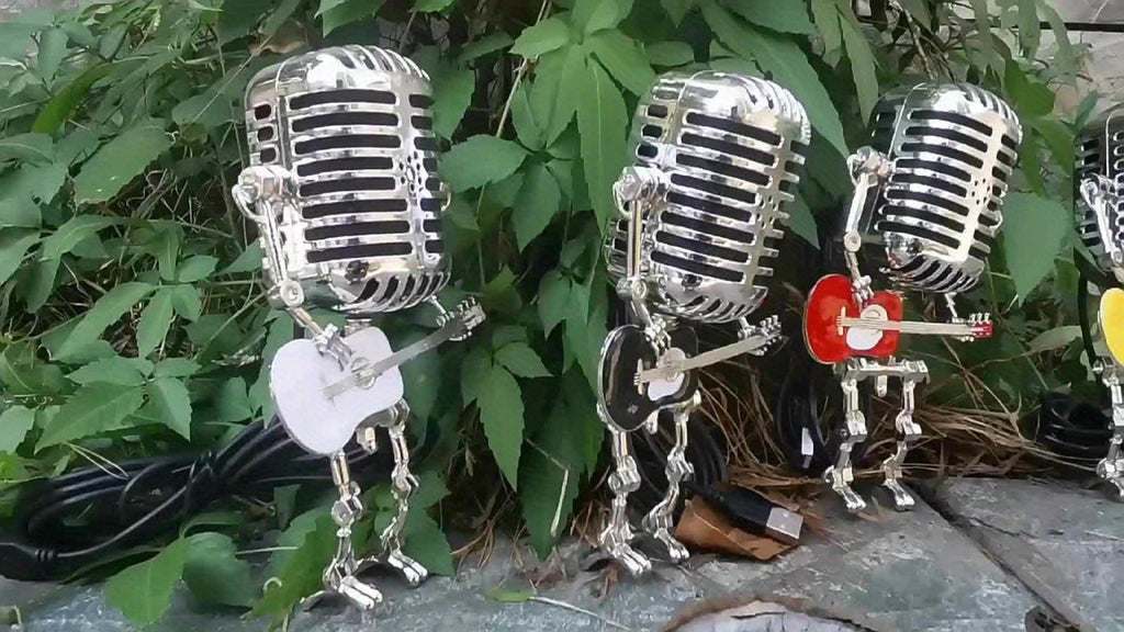 Vintage Microphone Robot Guitar Lamp USB Powered ¨C Retro Decorative Night Light for Music Lovers, Guitar Players, Home, Bar & Office Desk Decor (Red / Yellow)
