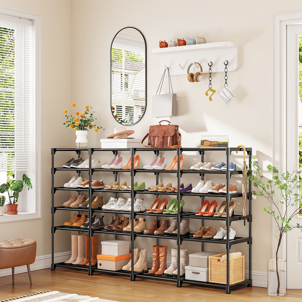 Large Metal Shoe Rack 4-Row 9-Tier Freestanding Shoe Organizer for Entryway Bedroom Hallway | 64-Pair Capacity Shoe Tower with Golden Tubes DIY Adjustable Shelves Space-Saving Vertical Shoe Storage
