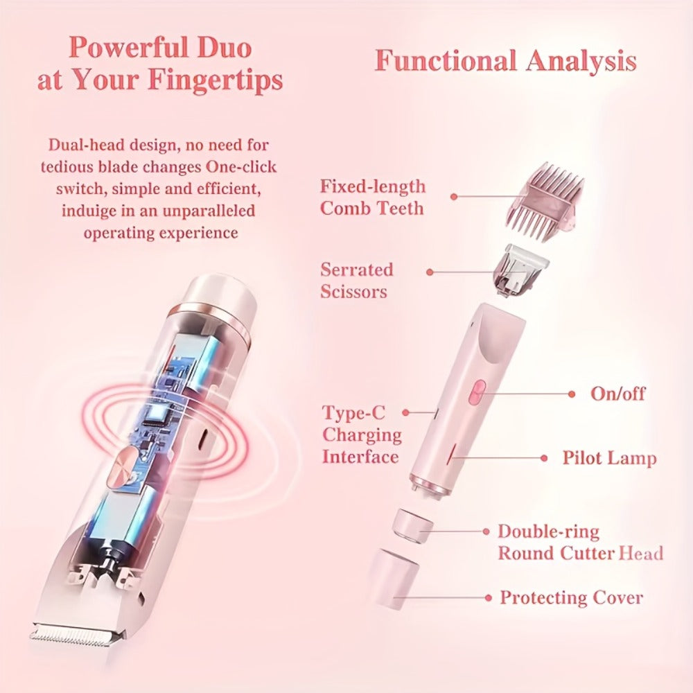 Bikini Trimmer for Women 2-in-1 Dual Head Electric Shaver - IP67 Waterproof Wet Dry Body Hair Remover for Bikini Area Underarms Legs Arms Face, USB Rechargeable Long Battery Life, Ergonomic Grip