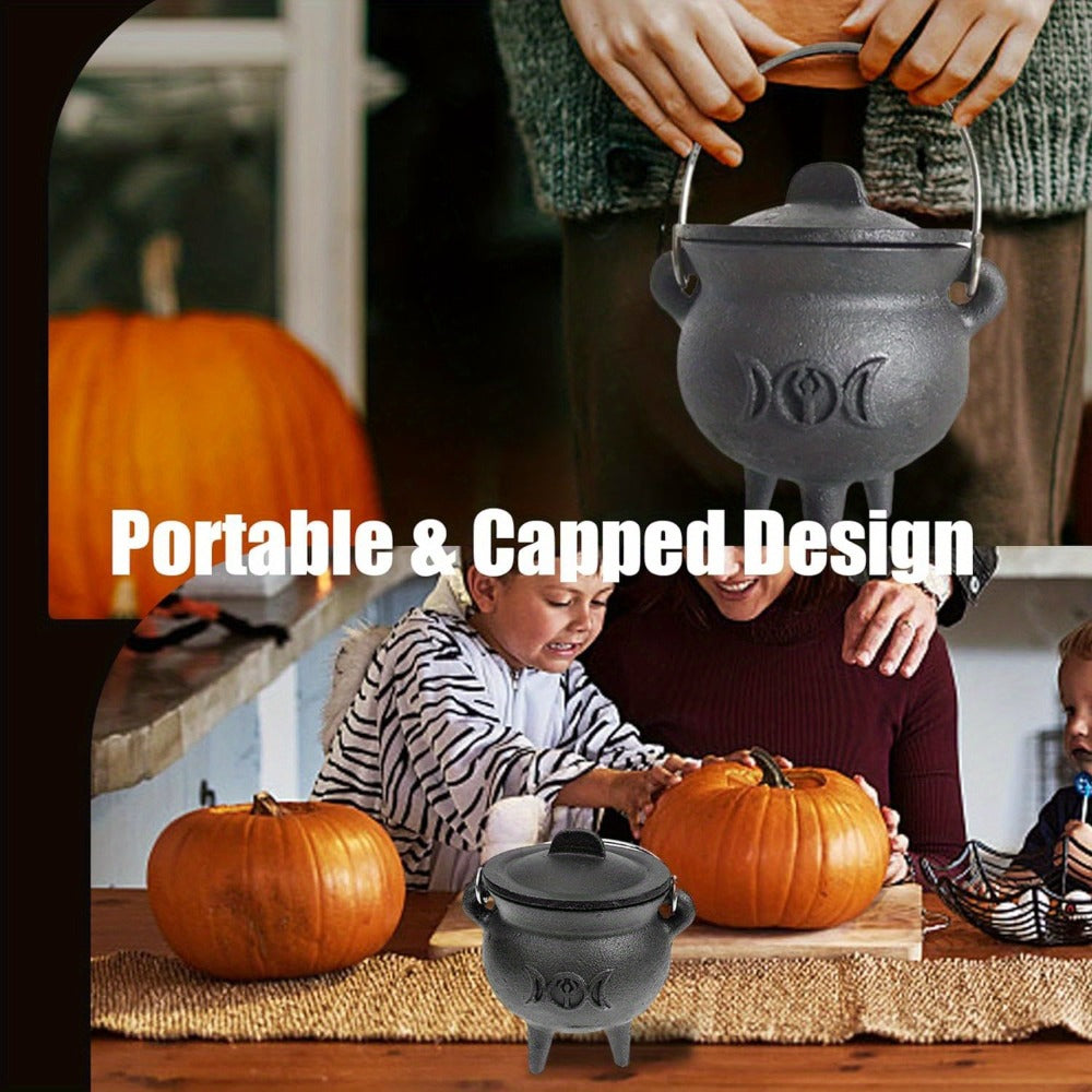 Cast Iron Cauldron with Lid & Handle ¨C Witchcraft Incense Burner, Spell Ritual Pot, Halloween Decor, Pentagram & Triple Moon Styles, Pagan Altar Cauldron