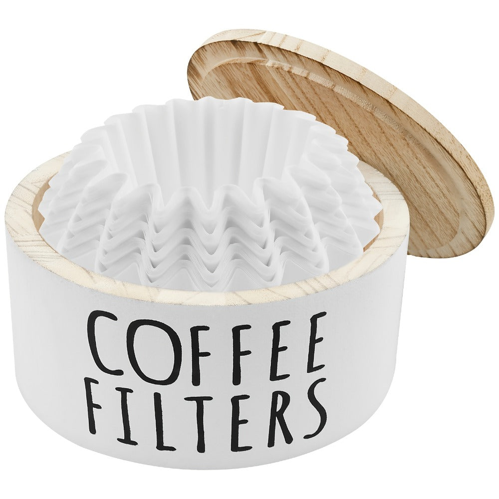 Wooden Coffee Filter Holder with Lid ¨C Large Capacity Rustic Round Organizer Dispenser for Coffee Filters & Tea Bags, Bamboo Lid, Kitchen Countertop Coffee Bar Decor
