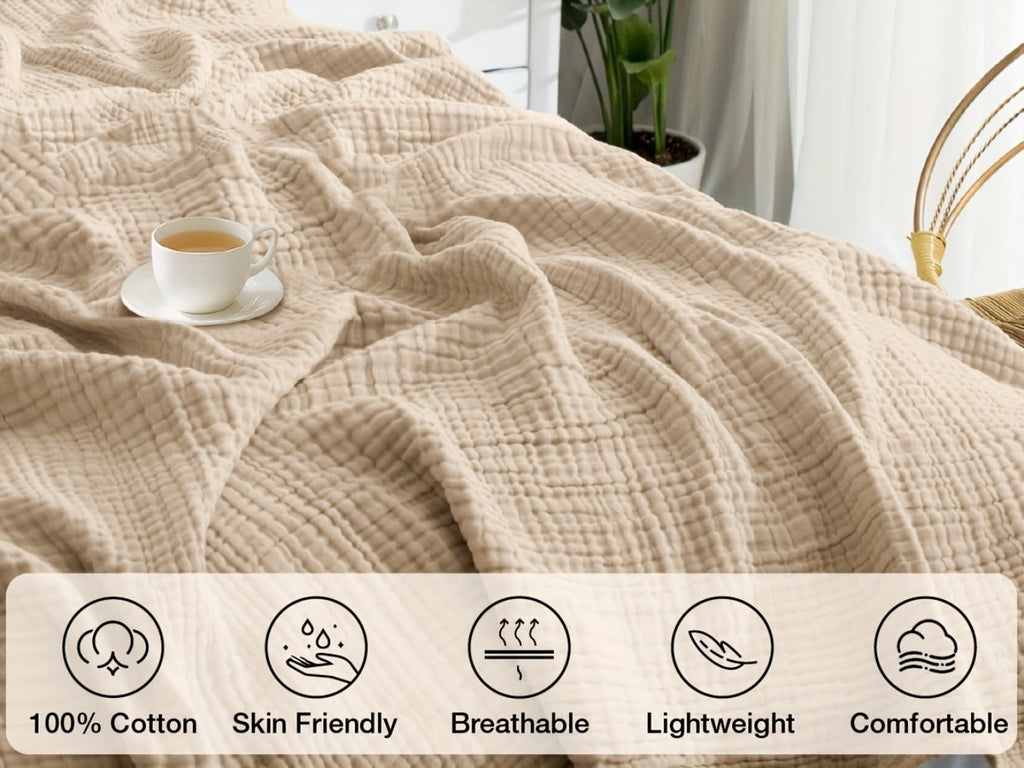 Muslin Blanket 100% Cotton 6-Layer ¨C Breathable Soft Gauze Throw for Couch & Bed, All Season, Machine Washable, 13 Colors, 5 Sizes