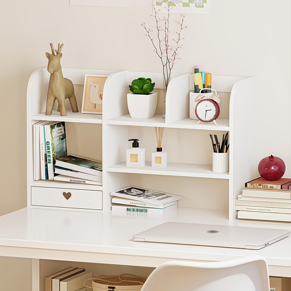Desktop Organizer Double Layer Desk Shelf ¨C 2-Tier Storage Rack for Office Supplies, Stationery, Cosmetics | Space-Saving Bookshelf for Bedroom, Dorm, Home Office, Waterproof Wood-Plastic