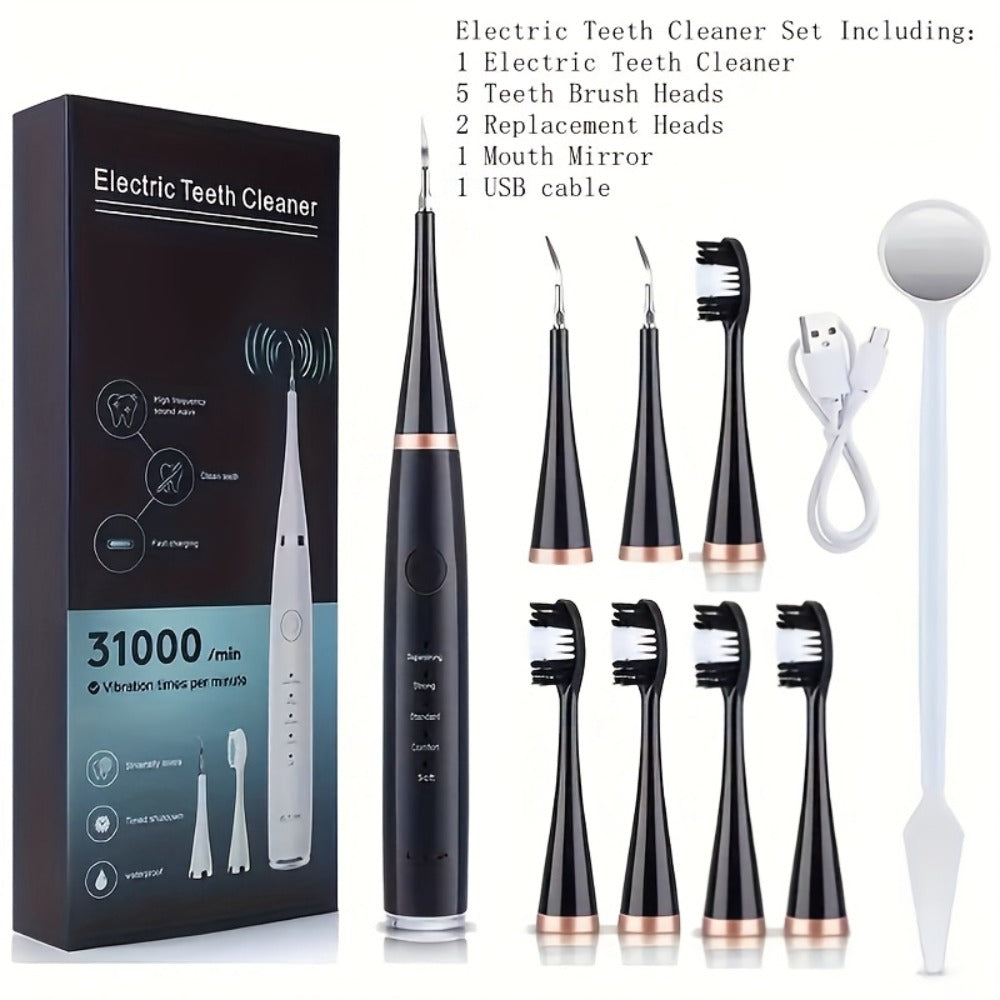 Electric Toothbrush Kit USB Rechargeable - Multi-Accessory Dental Care Set with Travel Case, Replaceable Brush Heads, Portable Oral Hygiene Device for Home & Travel, Gift for Men & Women, Black or White