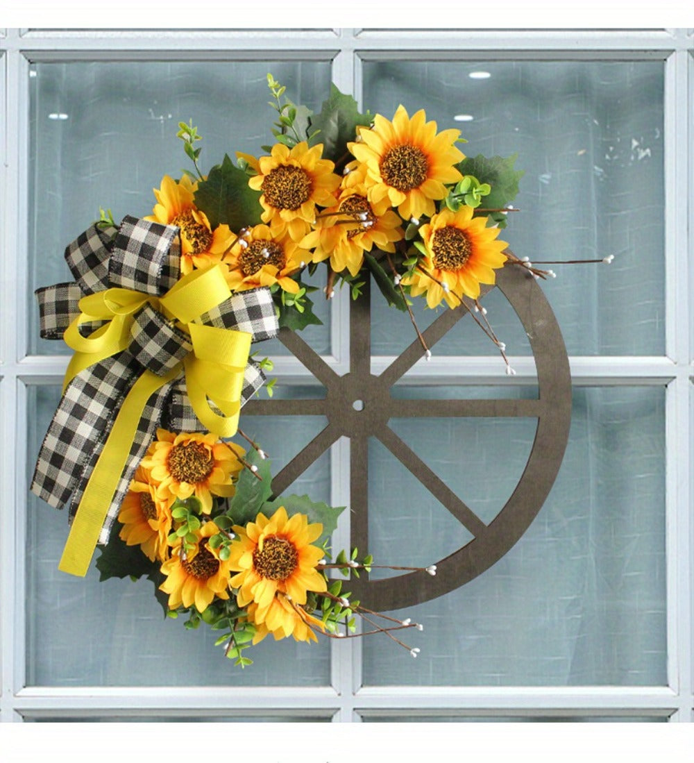 Sunflower Bow Wreath for Front Door - Handcrafted Thanksgiving Wreath with Natural Look, Fall Seasonal Home Decor, Easy Installation Door Hanging Decoration