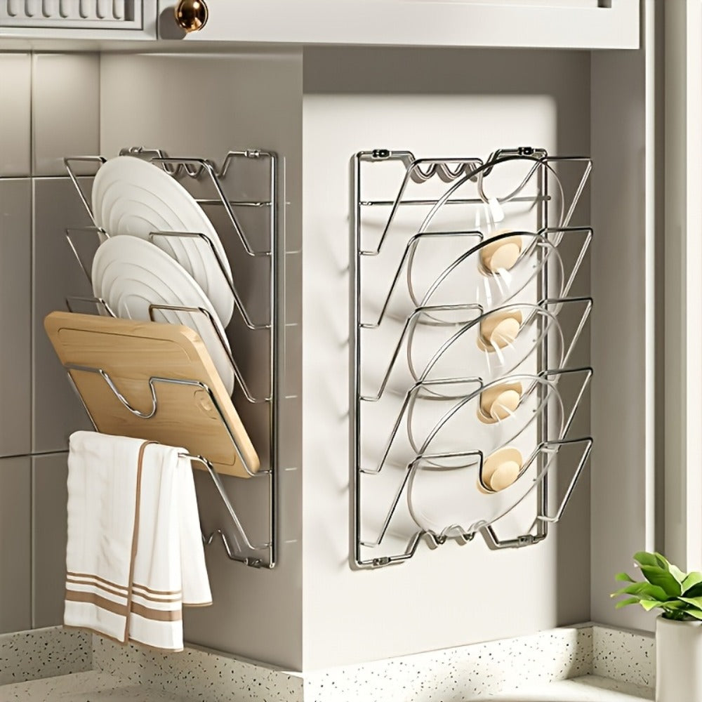 Pot Lid Organizer Wall Mounted Metal Rack | Multi-Level Hanging Pot and Lid Holder for Kitchen Storage | Space Saving Cabinet Door or Wall Mount Cookware Organizer for Home & Restaurant