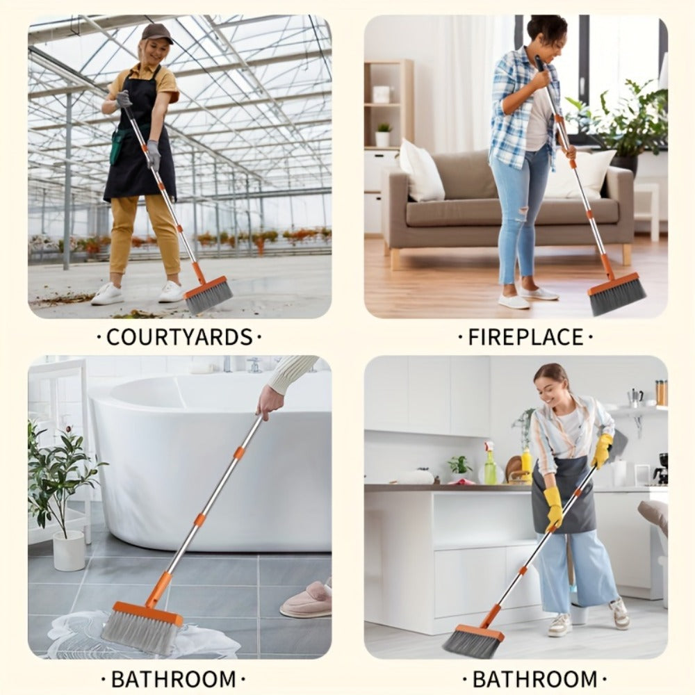 Folding Broom and Dustpan Set 50 Inch Extended Handle - Dense Elastic Bristles Wide Deep Dustpan for Dust Hair Debris, Foldable Broom for Home Kitchen Bathroom Bedroom Living Room, Blue White Black Orange Khaki