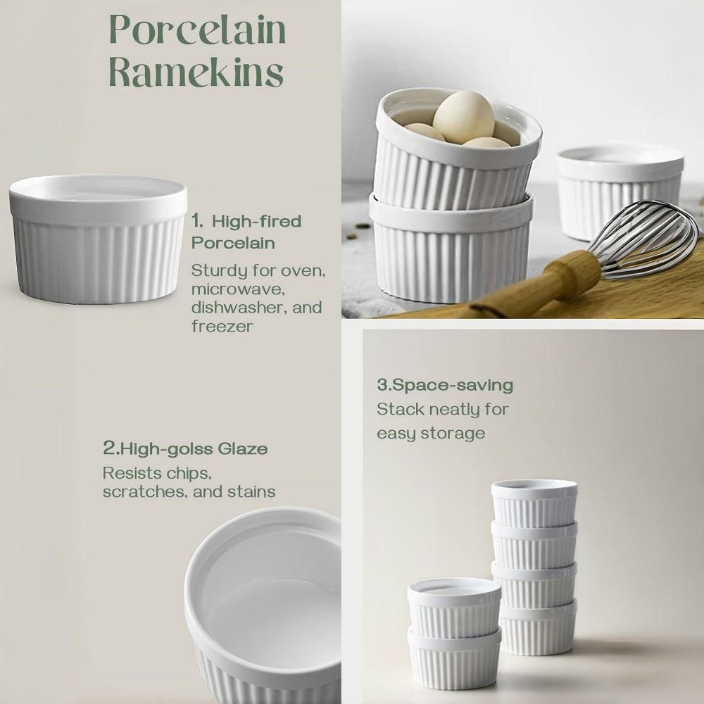 Souffle Dishes Set of 6 Porcelain Ramekins with Lids 8oz Creme Brulee Cups Custard Cups for Baking Pudding Dip Sauce Dessert White Ceramic Bakeware